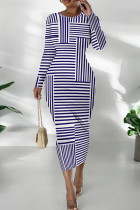 White Purple Daily Print Patchwork O Neck Wrapped Skirt Dresses