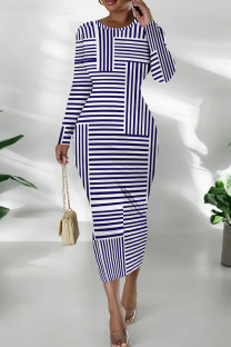 White Purple Daily Print Patchwork O Neck Wrapped Skirt Dresses