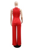 Red Casual Daily Solid Color Zipper Turndown Collar Regular Jumpsuits