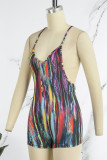 Rust Red Sexy Print Backless Spaghetti Strap Skinny Romper