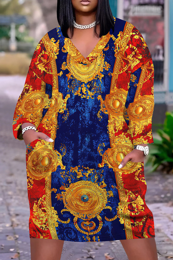 Tibetan Blue Casual Print Pocket Patchwork V Neck Straight Plus Size Dresses