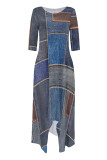 Colorful Blue Casual Street Faux Denim Print Pocket Irregular Contrast O Neck Irregular Dresses