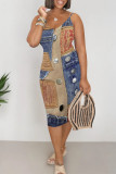 Multicolor Sexy Faux Denim Print Contrast V Neck Printed Dresses