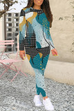 Dark Green Casual Street Geometric Print Contrast O Neck Long Sleeve Two Pieces