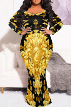 Black Gold Elegant Print Patchwork O Neck Long Plus Size Dresses