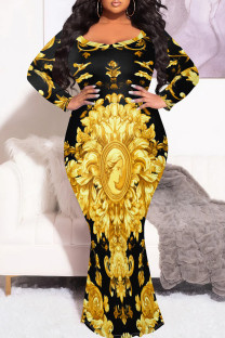 Black Gold Elegant Print Patchwork O Neck Long Plus Size Dresses