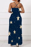 Fluorescent Blue Casual Print Pocket Patchwork V Neck Long Dresses