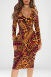 Grey Red Casual Geometric Print Contrast V Neck Printed Dresses