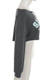 Dark Gray Sexy Print Patchwork Backless Cross Straps Off Shoulder Tops