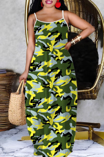 Camouflage Casual Print Backless Spaghetti Strap Long Dresses