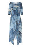 Colorful Blue Casual Street Faux Denim Print Pocket Irregular Contrast O Neck Irregular Dresses