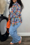Red Daily Plaid Pocket Buckle Patchwork Shirt Collar Tops
