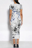 White Daily Elegant Geometric Print Flowers Gradient Contrast O Neck Printed Short Sleeve Dress
