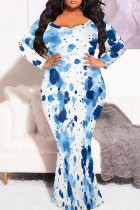 White Blue Elegant Print Patchwork O Neck Long Plus Size Dresses