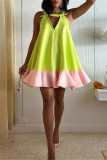 Green Casual Patchwork Hollow Out Contrast V Neck A Line Dresses