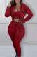 Burgundy Casual Letter Print Lace Up Zipper Hooded Long Sleeve Three Pieces