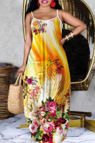 Orange Casual Print Backless Spaghetti Strap Long Dresses