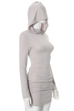 Grey Casual Solid Color Patchwork Hooded Wrapped Skirt Dresses