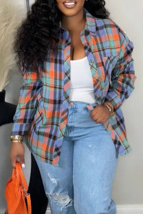 Lake Blue Daily Plaid Pocket Buckle Patchwork Shirt Collar Tops