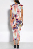 White Daily Elegant Geometric Print Flowers Gradient Contrast O Neck Printed Short Sleeve Dress