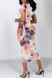 White Daily Elegant Geometric Print Flowers Gradient Contrast O Neck Printed Short Sleeve Dress