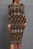 Stripe Casual Street National Totem Print Contrast O Neck Printed Dresses