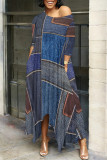 Colorful Blue Casual Street Faux Denim Print Pocket Irregular Contrast O Neck Irregular Dresses