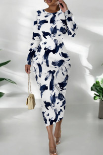 Tibetan Blue Daily Print Patchwork O Neck Wrapped Skirt Dresses