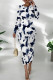 Tibetan Blue Daily Print Patchwork O Neck Wrapped Skirt Dresses
