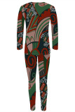 Dark Green Casual Street Geometric Print Contrast O Neck Long Sleeve Two Pieces