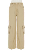 Khaki Casual Solid Color Pocket Buttons Patchwork Zipper Loose Low Waist Wide Leg Patchwork Bottoms