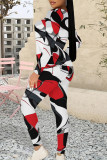 Dark Green Casual Street Geometric Print Contrast O Neck Long Sleeve Two Pieces