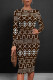 Coffee Casual Street National Totem Print Contrast O Neck Printed Dresses