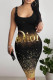 Black Sexy Letter Print Contrast U Neck Printed Dresses
