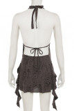 Grey Sexy Solid Color Hollow Out Patchwork Backless Strap Design Halter Irregular Dresses
