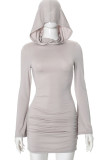 Grey Casual Solid Color Patchwork Hooded Wrapped Skirt Dresses