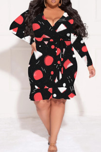 Black Red Casual Print Patchwork With Belt V Neck Printed Plus Size Dresses