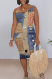 Multicolor Sexy Faux Denim Print Contrast V Neck Printed Dresses