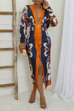 Blue Casual Print Slit Ruched Deep V Neck Long Sleeve Dresses