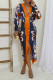 Blue Casual Print Slit Ruched Deep V Neck Long Sleeve Dresses