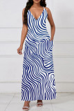Fluorescent Blue Casual Print Pocket Patchwork V Neck Long Dresses