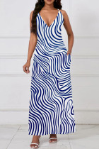 White Blue Casual Print Pocket Patchwork V Neck Long Dresses