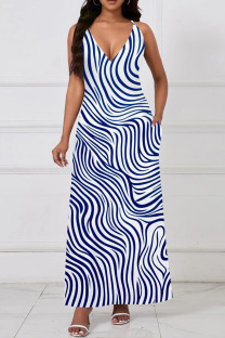 White Blue Casual Print Pocket Patchwork V Neck Long Dresses