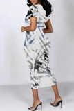 White Daily Elegant Geometric Print Flowers Gradient Contrast O Neck Printed Short Sleeve Dress