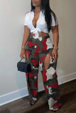 Orange Casual Camouflage Print Hollowed Out Patchwork Straight Mid Waist Conventional Full Print Trousers