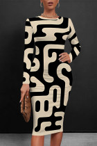 Black khaki Casual Street National Totem Print Contrast O Neck Printed Dresses