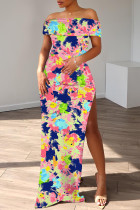 Peach Casual Print Slit Off Shoulder Long Dresses