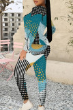 Dark Green Casual Street Geometric Print Contrast O Neck Long Sleeve Two Pieces