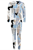 Dark Green Casual Street Geometric Print Contrast O Neck Long Sleeve Two Pieces