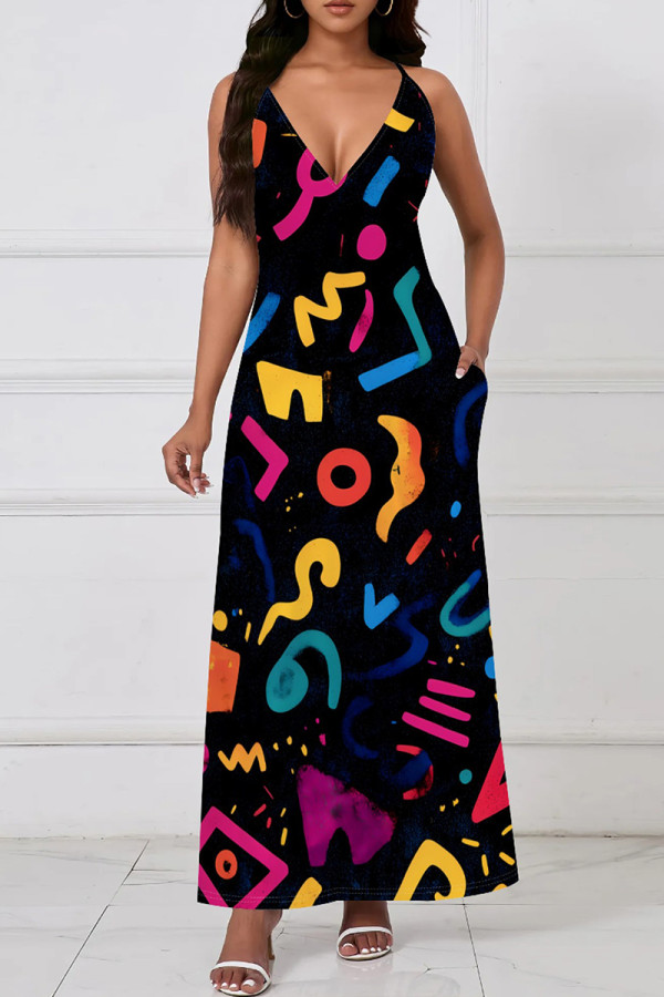 Black Casual Print Pocket Patchwork V Neck Long Dresses